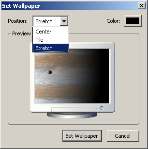 The new 'Set Wallpaper' dialog lets you choose whether to stretch, tile, or center the image on your desktop.